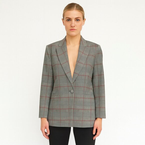 Zara Gray Plaid Checkered Single-breasted Blazer Red Windowpane Classic Office M - Picture 14 of 14